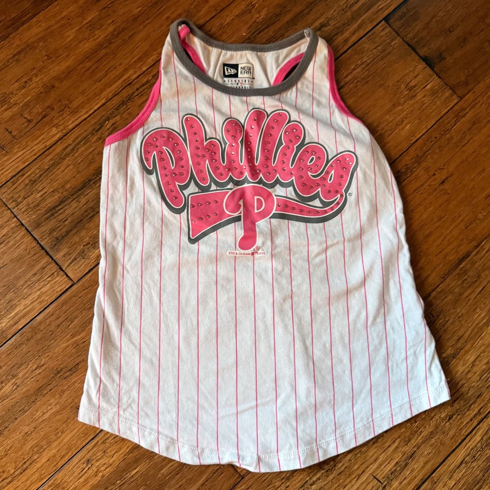 New Era Girls Philadelphia Phillies Pinstripe Rhinestone Tank Top White Pink 7/8